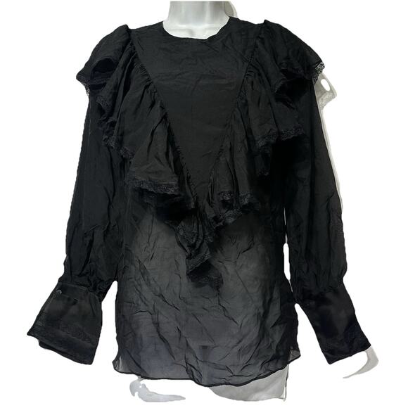 J.ING Black Ruffled Long Sleeve 100% Mulberry Silk Blouse Top Size M - Picture 1 of 10